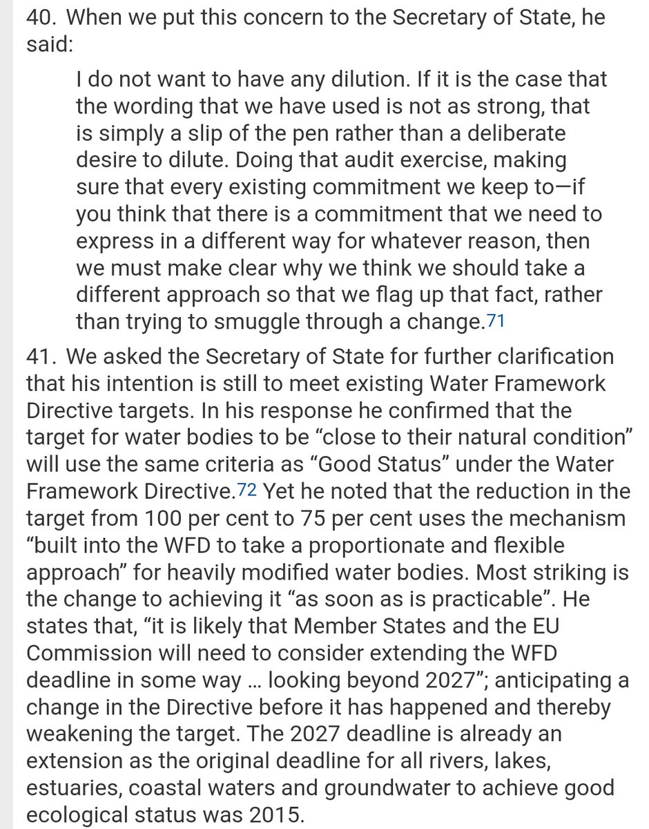 We raised this in front of  @CommonsEAC  #25yep inquiry & were reassured - no dilution, only 'slip of the pen', same rules would continue to apply. Instead, Gove would continue to use extensions and caveat in Water Framework Directive (which  @Feargal_Sharkey has written about).