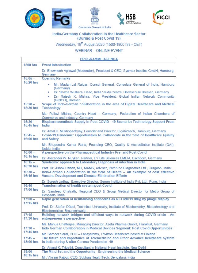 IndiainHamburg's tweet photo. Online Business Event / Webinar
“INDIA-GERMANY COLLABORATION IN HEALTHCARE SECTOR” (During &amp; Post Covid-19)

Wednesday, 19th August 2020 (1500-1800 hrs CET)

Kindly have your participation confirmed by registering at com.hamburg@mea.gov.in latest. https://t.co/QKdeczIAK8