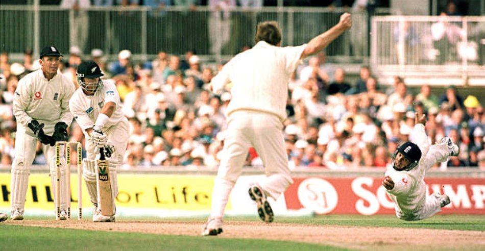 Mark Ramprakash stretching full length with helmet and pads on at short leg to complete a remarkable catch off  @philtufnell 's bowling.