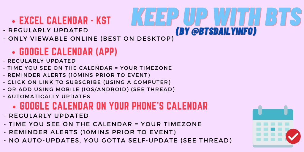 🗓 BTS SCHEDULE CALENDAR (1) Keep Up With #BTS by @BTSdailyinfo ✨ FULL THREAD for tutorials! ✨ 🔗Excel calendar: (bit.ly/BTSdailyinfoEx…) 🔗GoogleCal (App): (bit.ly/BTSdailyinfoGo…) 🔗GoogleCal on your phone's calendar: (bit.ly/BTSdailyinfoGo…) #방탄소년단 @BTS_twt