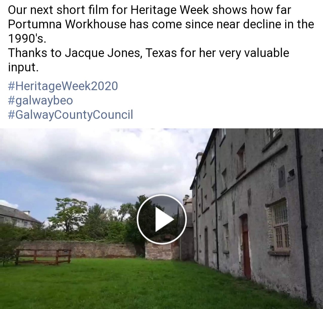 Our next short film for Heritage Week shows how far Portumna Workhouse has come since  near decline in the 1990's.
Thanks to Jacque Jones, Texas for her very valuable input. 

#HeritageWeek2020
#galwaybeo
#GalwayCountyCouncil  
m.facebook.com/story.php?stor…