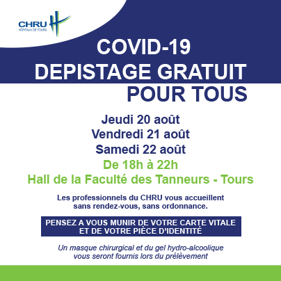 [COVID-19]
Faites-vous dépister gratuitement, sans rendez-vous, sans ordonnance les jeudi 20, vendredi 21 et samedi 22 août, de 18h à 22h dans le hall de la Faculté des Tanneurs.

#stopcoronavirus #professionneldesante #mobilisation Université de Tours Tours &amp; moi
