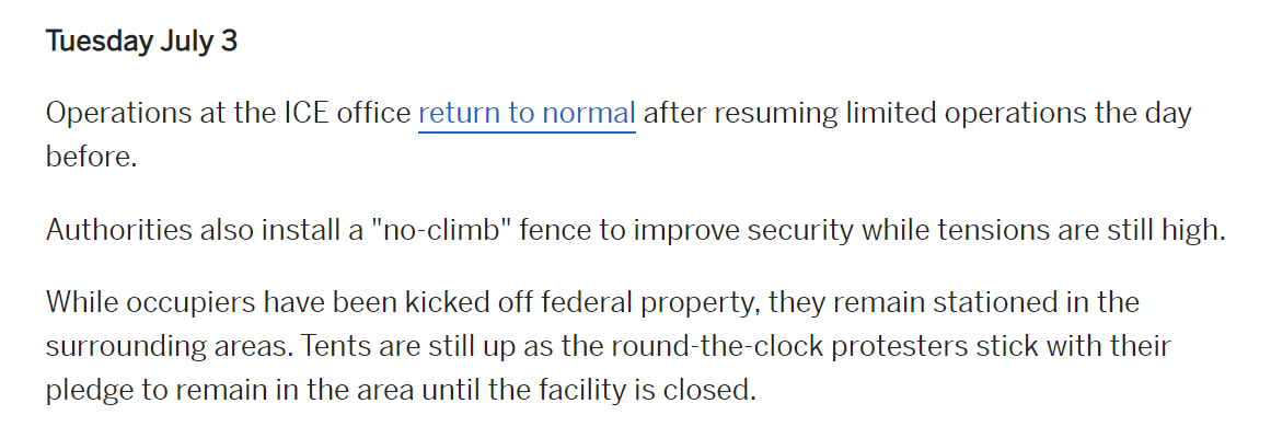 ICE installed a temporary no-climb fence to secure the building. After six days, the City cited the security fence for violating code & blocking part of the sidewalk.Meanwhile, a tent city of 100s remained on trolley tracks next to ICE bldg for weeks. https://www.oregonlive.com/portland/2018/06/portland_ice_protesters_remain.html