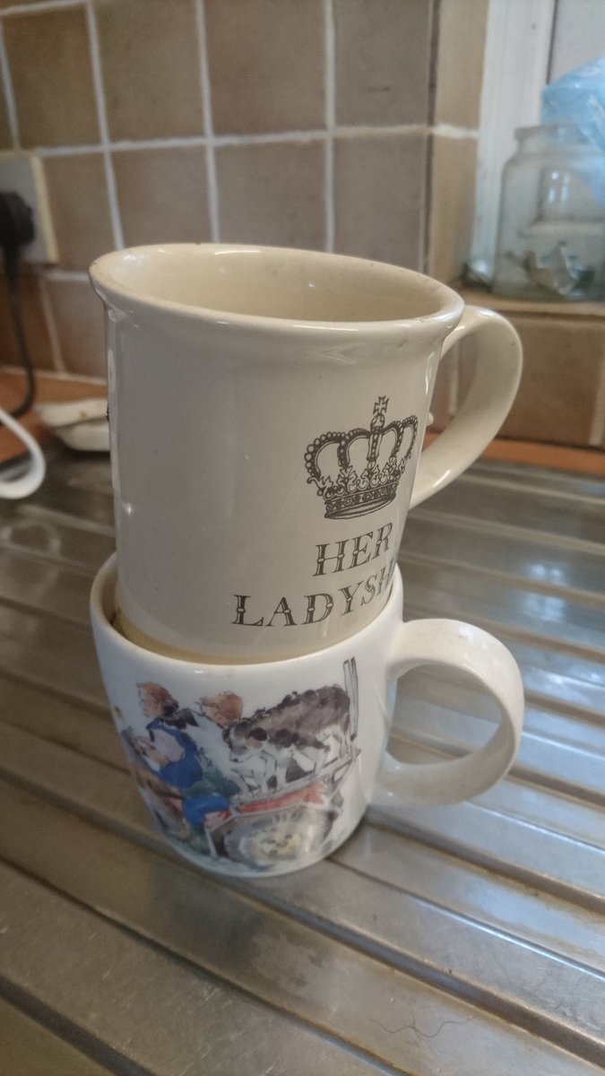 Ok, before I smash the bottom mug to save the top one, any ideas how to unstick these two? I've tried oiling them, putting ice in the top one while soaking the bottom one in hot water but still stuck. The problem is the top one has a rim round the base & won't budge.  #homehacks