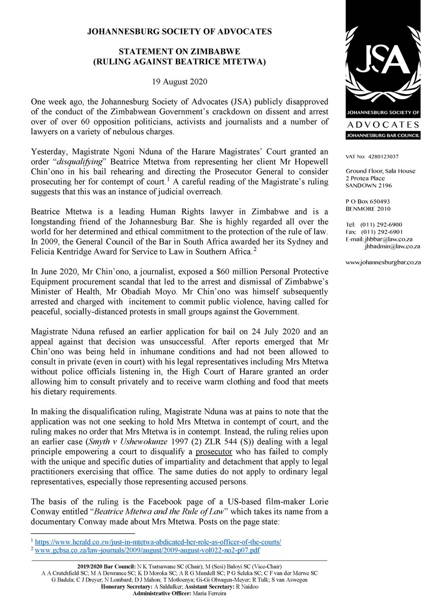 JSAdvs's tweet photo. Johannesburg Bar statement on the ruling disqualifying Beatrice Mtetwa from representing Hopewell Chin'ono made in the Harare Magistrates' Court, Zimbabwe, yesterday https://t.co/qnfDOOo9TW