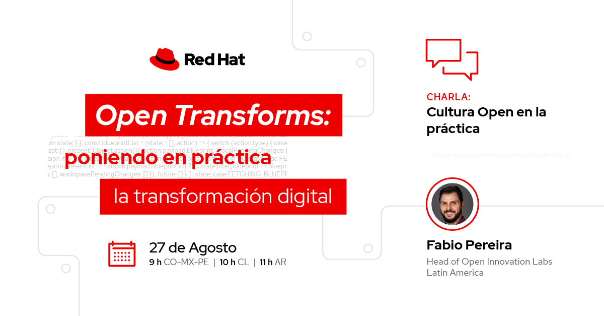 redhatla's tweet photo. ¿Explorando el camino hacia la innovación digital? Regístrate en #OpenTransforms 2020 y descubre Open Practice Library junto a Fabio Pereira, un conjunto de herramientas creadas por la comunidad abierta para desarrollar la #TransformacionDigital. https://t.co/uxVO4v4FmD https://t.co/GUTBZ0ZHdp
