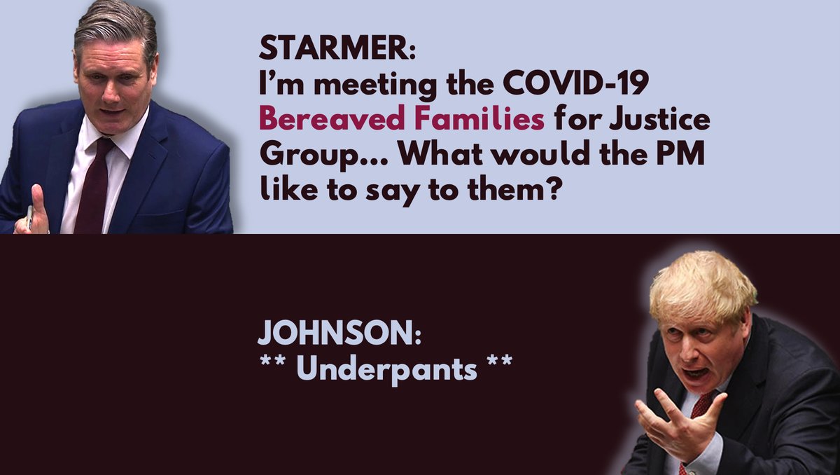  #PMQs 15JUL2020In answer to Starmer asking him what he'd like to say to bereaved families, Johnson expressed regret, but then went off on a labyrinthine rant that ended up in the dead-end of pre-prepared & inappropriate quip abt Calvin Klein underpants.Not a good look.