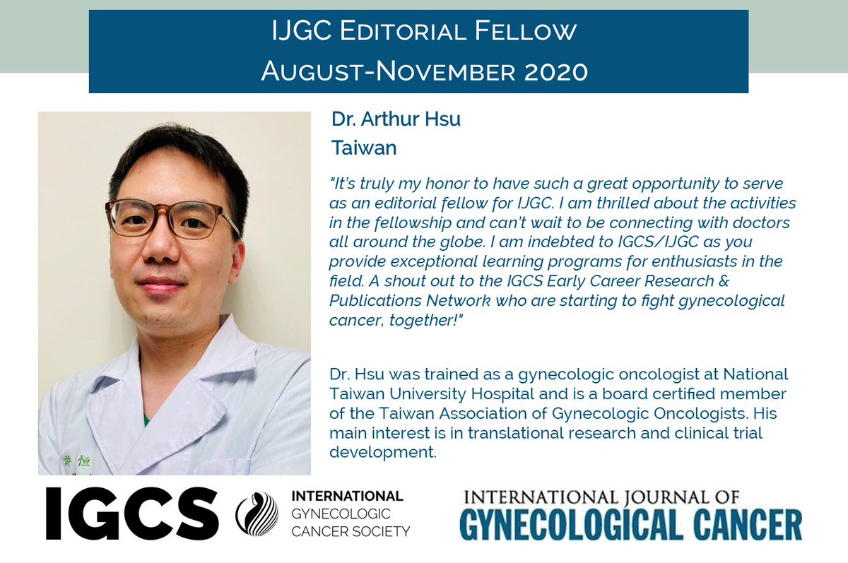 IGCSociety's tweet image. Congratulations to @HsuMd on being one of the five young #gynoncs selected for an Editorial Fellowship with @IJGConline! The fellows will learn a lot from being matched with Editor in Chief @pedroramirezMD for 4 months. @IJGCfellows

Fellowship details: igcs.org/ijgc-editorial…