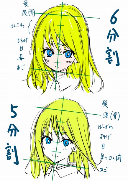 5分割と6分割の対比。

頑張って6分割で整えてみた。
結論言うと、単純に年齢差が出たって感じでしょうか。

低年齢タイプの描き方で、高校生を描くというのも、
また1つの表現方法だよね・・・って感じか。

いやぁ、奥深い。自分の絵柄には
(高校生を描く場合)5分割がベストかなーと思う。 
