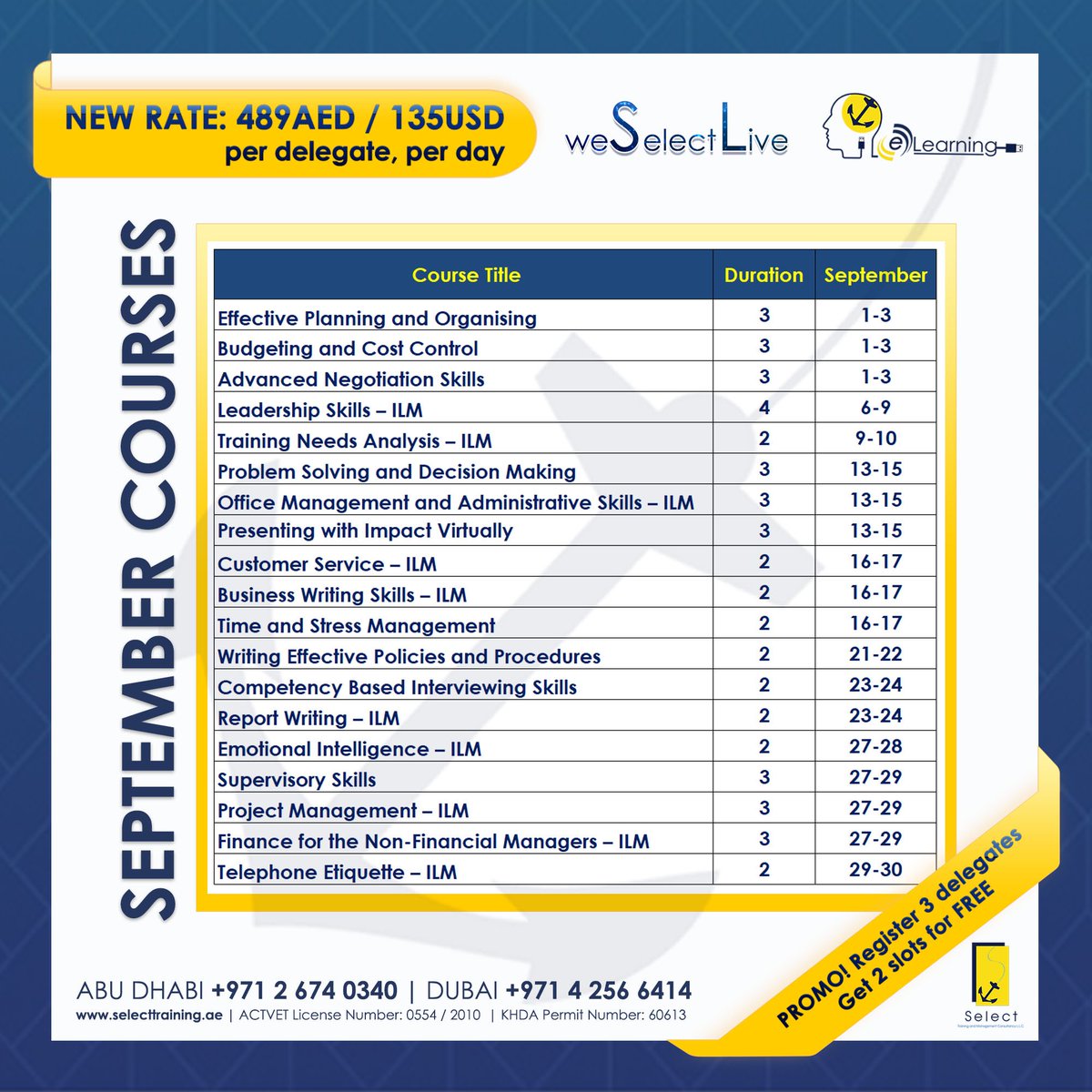 SelectTraining's tweet image. PROMOTION: Register 3 delegates for any September online training courses and receive 2 slots for FREE! ✨

For more details, visit selecttraining.ae/weselectlive. 

#selectselect #selecttraininguae #staysafe #onlinelearning #KSA #Oman #UAE #Kuwait #Qatar #GCC #virtualmeetings #StayHome