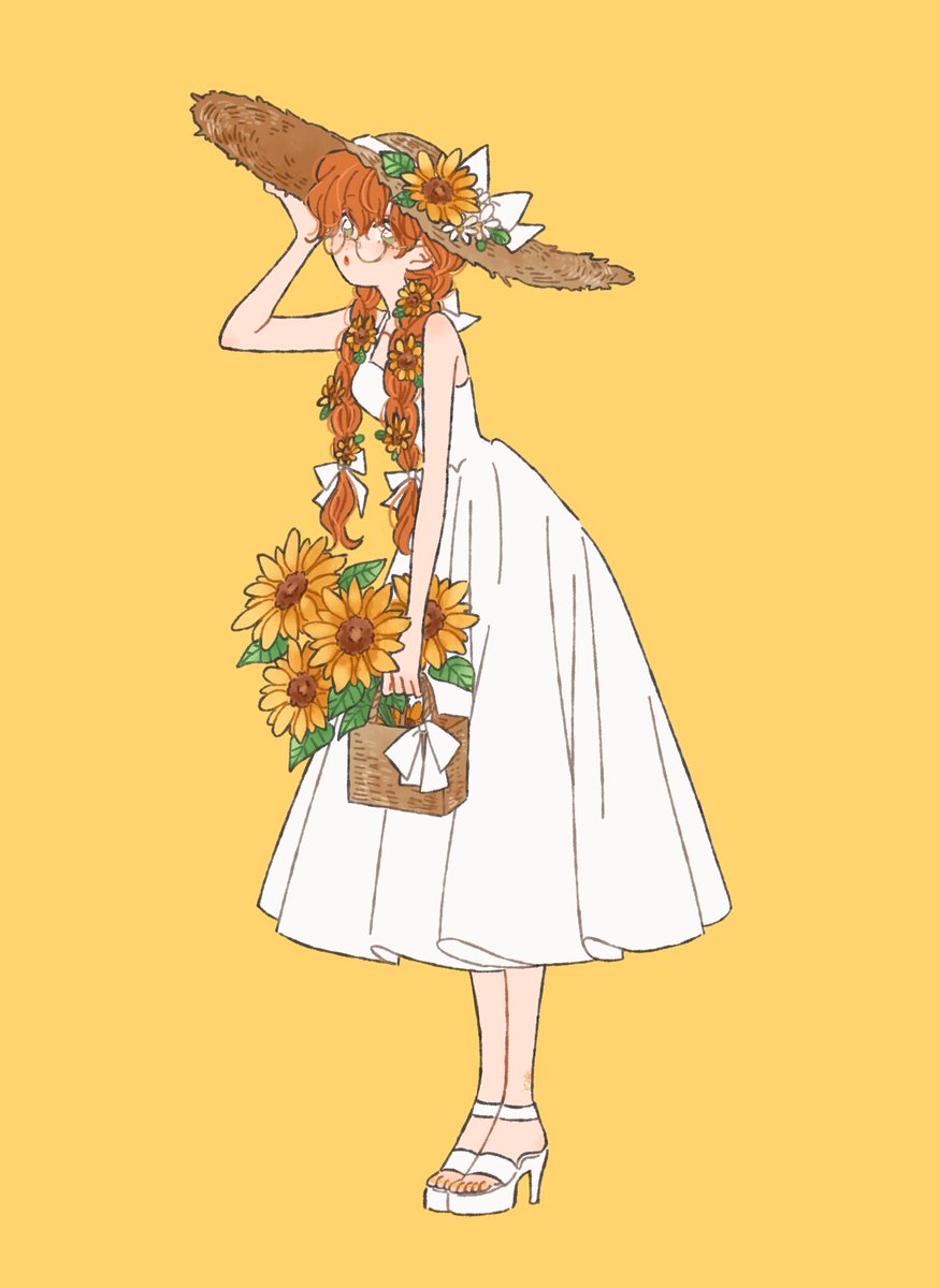 1girl dress hat flower solo sunflower twin braids  illustration images