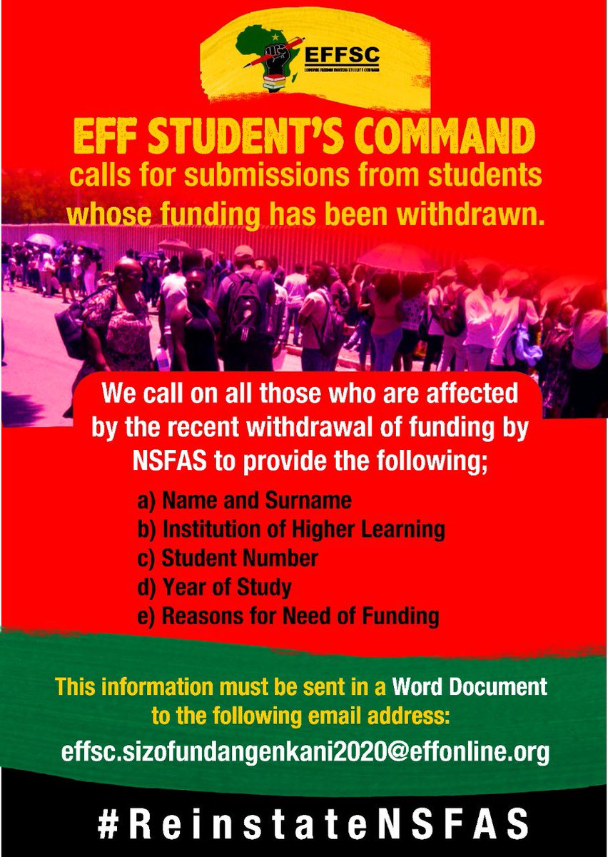 NalediChirwa's tweet photo. To those whose funding was withdrawn by NSFAS, get in touch with the @EFFStudents asap 🙏🏾👊🏾 https://t.co/w9mWZl7hzK
