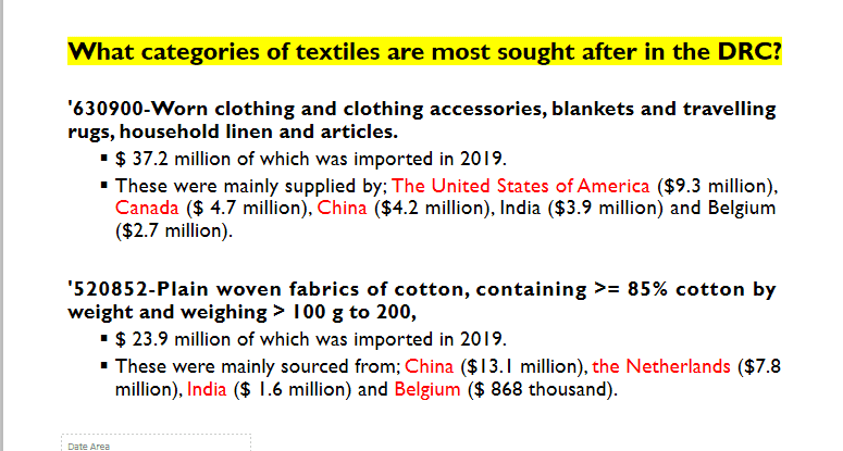 tpsftz's tweet photo. What categories of Leather and Textile are most sought after in DRC?

The Graphs below show the most demanded Leather and Textile products in DRC.

@EABCArusha @pmathuki @jumuiya @AngellahKairuki @NgalulaAngelina @innobash 

#DRCMarketStudy
#ChangamkiaFursa
#BiasharaNiUthubutu https://t.co/yRGGHr3AEa