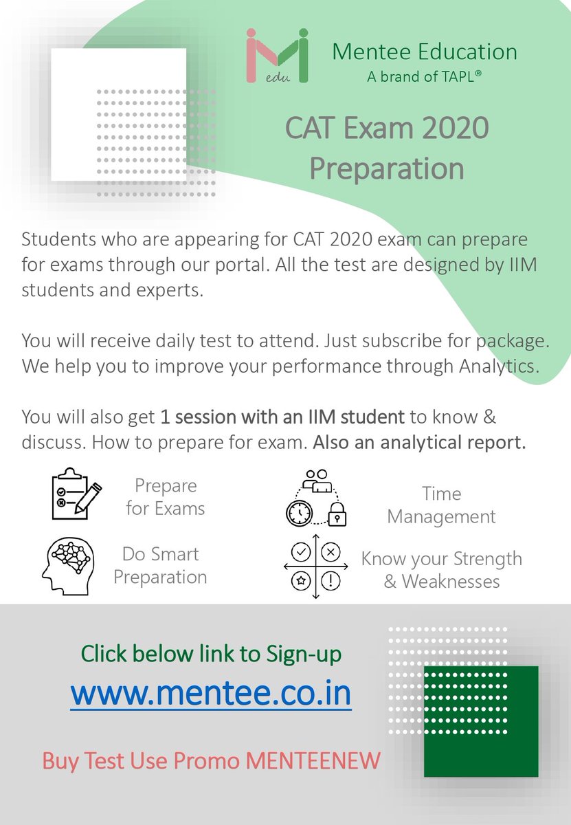 EducationMentee's tweet image. Start your CAT Exam 2020 preparation.
Do Smart Preparation
mentee.co.in/mprime/

#CATExam #CatExam2020 #CAT2020 #For_CAT_Exam
#onlinelearning #edtech #Analytics