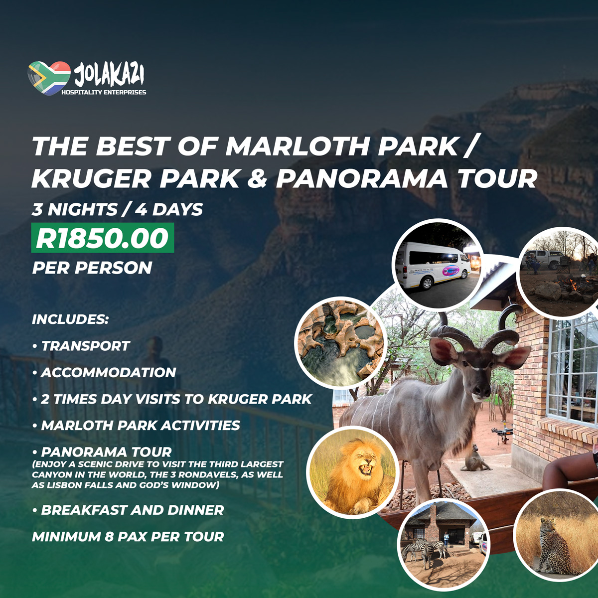 The Best of Marloth Park / Kruger Park &amp; Panorama Tour
3 Nights / 4 days For R1850.00 Per Person
Includes:
✅Transport
✅Accommodation
✅2 times day visits to Kruger Park
✅Activities
✅Panorama Tour 
✅Breakfast and Dinner
Minimum 8 pax per tour
DM For Details