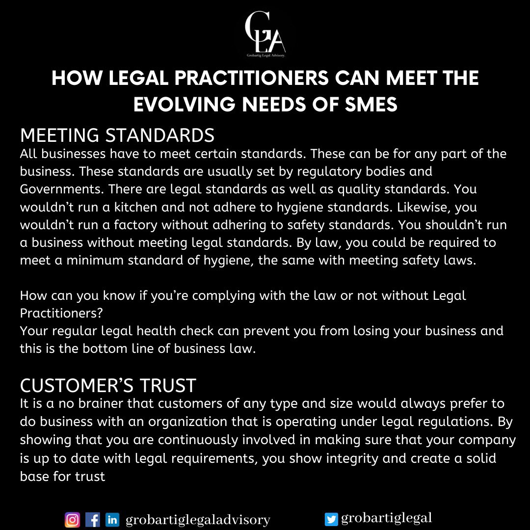 GrobartigLegal's tweet photo. Business owners must seek legal advice or contract the services of a Legal Professional. Ignoring the services of a Legal Professional can be very detrimental. 

Kindly swipe left to know how legal practitioners can meet the evolving needs of SMEs.

#GrobartigLegalAdvisory
#Legal https://t.co/HZPeBI2RAt