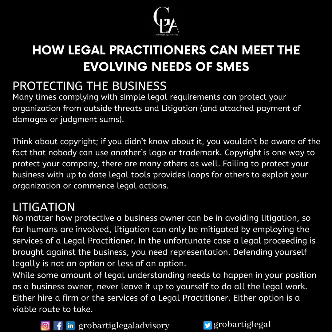 GrobartigLegal's tweet photo. Business owners must seek legal advice or contract the services of a Legal Professional. Ignoring the services of a Legal Professional can be very detrimental. 

Kindly swipe left to know how legal practitioners can meet the evolving needs of SMEs.

#GrobartigLegalAdvisory
#Legal https://t.co/HZPeBI2RAt