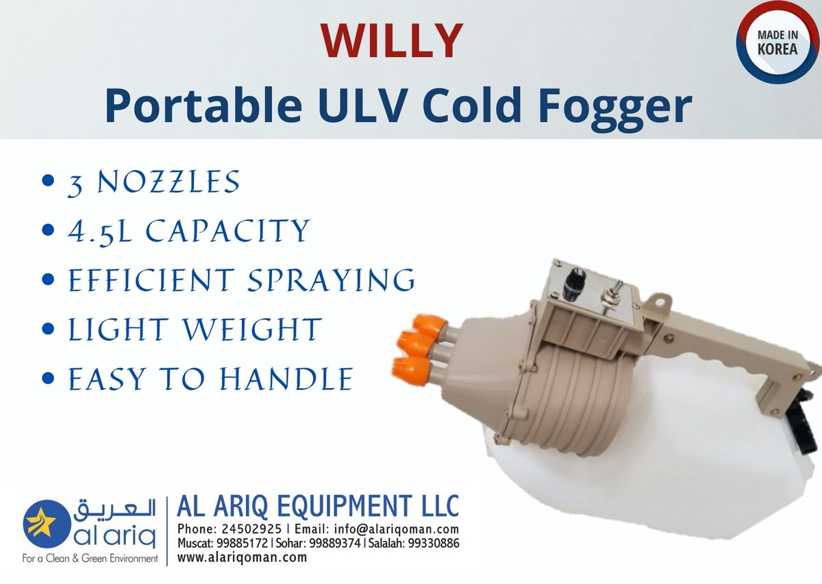 #WILLY #PORTABLE #ULV #FOGGER #DISSINFECTION  #EASYHANDLING

If you would like to make an enquiry , please get in touch.
info@alariqoman.com
Ph.24502925