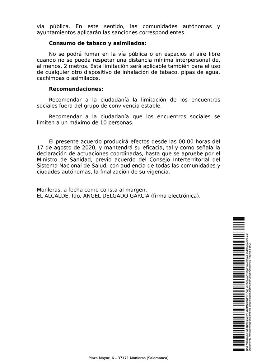 Nuevo anuncio del Ayuntamiento de Monleras para informar a la población de las nuevas medidas tomadas en el ACUERDO 43/2020 de 15 de agosto, de la Junta de Castilla y León, por el que se da publicidad a la Orden del Ministro de Sanidad, de 14 de agosto de 2020