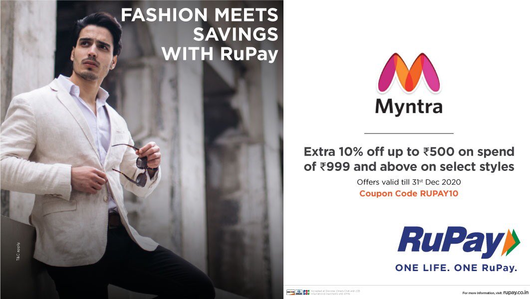 RuPay_npci's tweet image. Save up as you go on your shopping spree! Use your RuPay card to pay on Myntra and get a flat 10% OFF up to ₹500 On a purchase of ₹999 and above. Use code RUPAY10 to avail your discount. For more, visit: bit.ly/2DWPcAV #OneLifeOneRuPay #RuPayOffers #fashionoffers
