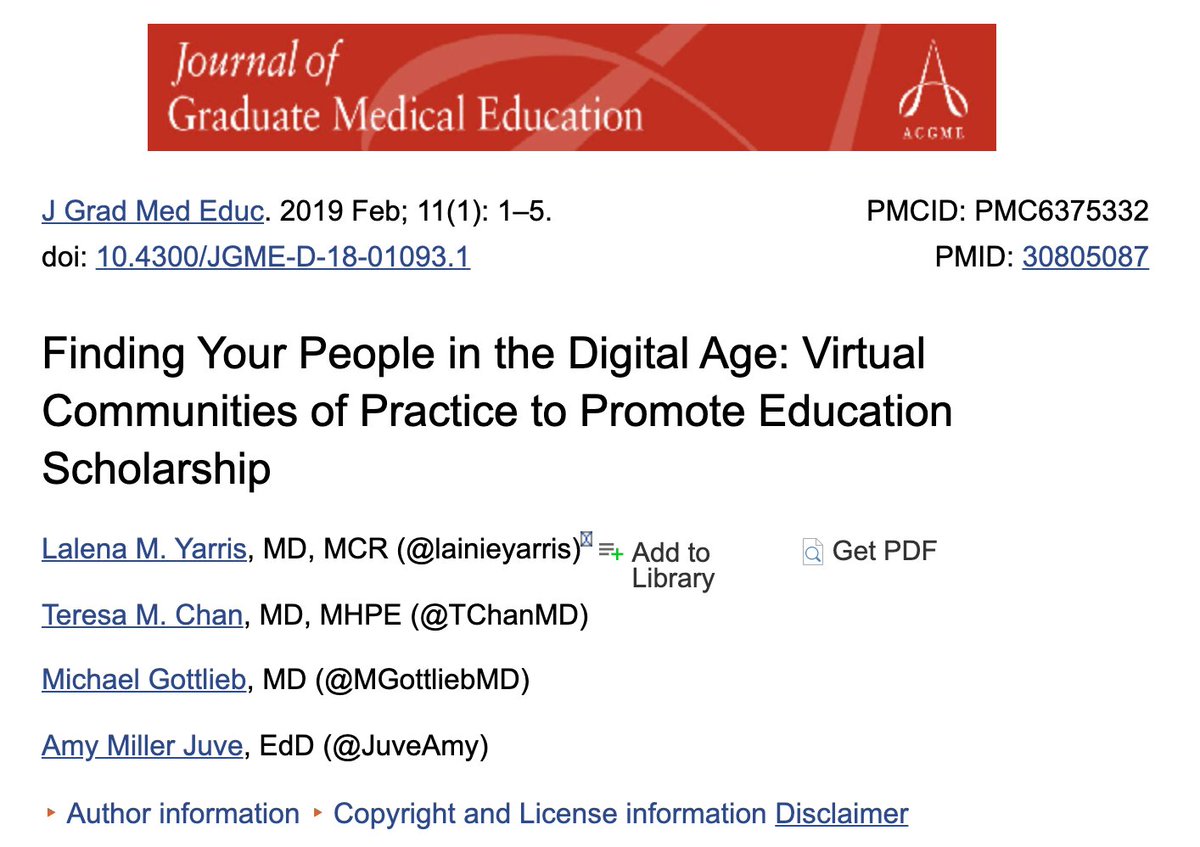 Educators getting on Twitter also allows for the formation of their own virtual Communities of Practice to provide support and expertise that may not be available locally (Yarris et al 2019)*everyone should have their handles in their byline btw http://bit.ly/Yarris&nbsp;