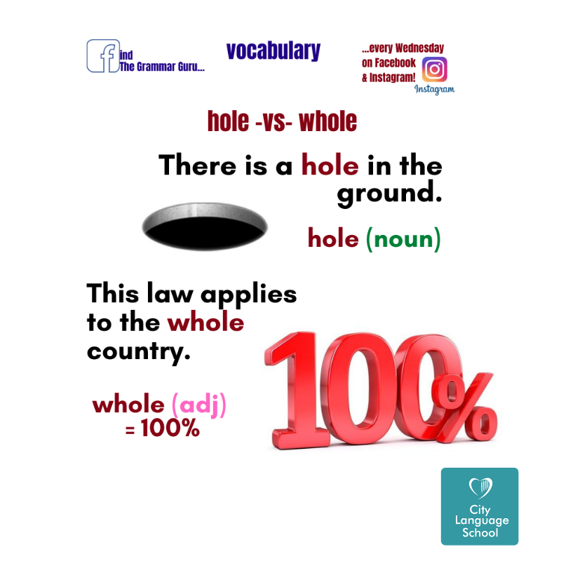 CLSDublin's tweet photo. What's the difference between whole -vs- hole?

This week's #WednesdayWisdom answers that!

#learnenglish #learnenglishindublin #learnenglishinireland #grammarguru #citylanguageschool #aprenderingles #inglese #imparareinglese #speakenglish #englishschool https://t.co/oPVG0FXzXn