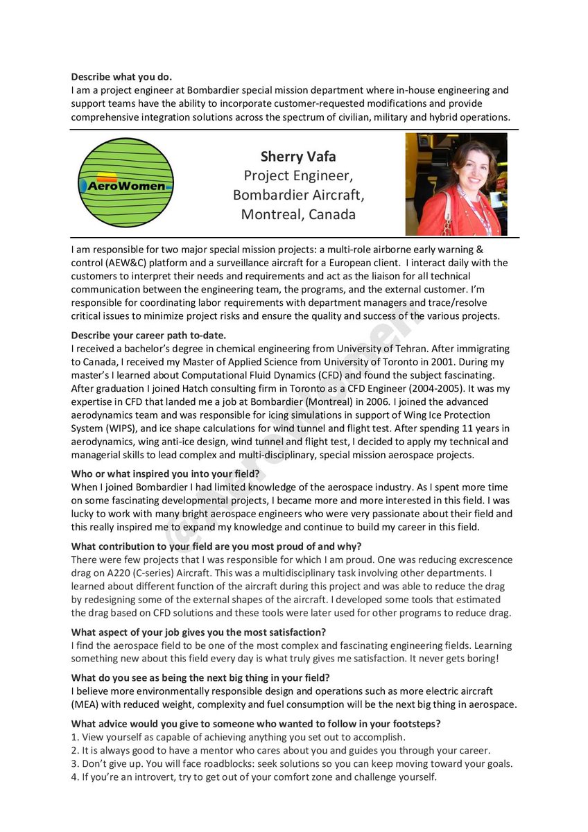 AeroWomen (@aerowomen) on Twitter photo Meet Sherry Vafa (<a href="/VafaSherry/">sherry vafa</a>), Project Engineer at <a href="/Bombardier/">Bombardier</a>. As an aerodynamicist, Sherry developed #CFD tools to reduce drag on the A220 (C-series) aircraft and for wing anti-ice design to support wind tunnel & flight tests #WomeninSTEM #NationalAviationDay #uoftalumni Meet Sherry Vafa (<a href="/VafaSherry/">sherry vafa</a>), Project Engineer at <a href="/Bombardier/">Bombardier</a>. As an aerodynamicist, Sherry developed #CFD tools to reduce drag on the A220 (C-series) aircraft and for wing anti-ice design to support wind tunnel & flight tests #WomeninSTEM #NationalAviationDay #uoftalumni
