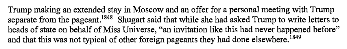 SSCI looked into Trump's invitation to Putin before Miss Universe. They found someone (he) reinserted a claim he'd make an extended visit to Russia and invitation to Putin. Paula Shugart said nothing like this had happened before.