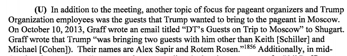 There's a redacted discussion of the mob ties of Rotem Rosen, one of the guys Trump brought with him to Miss Universe in Moscow.