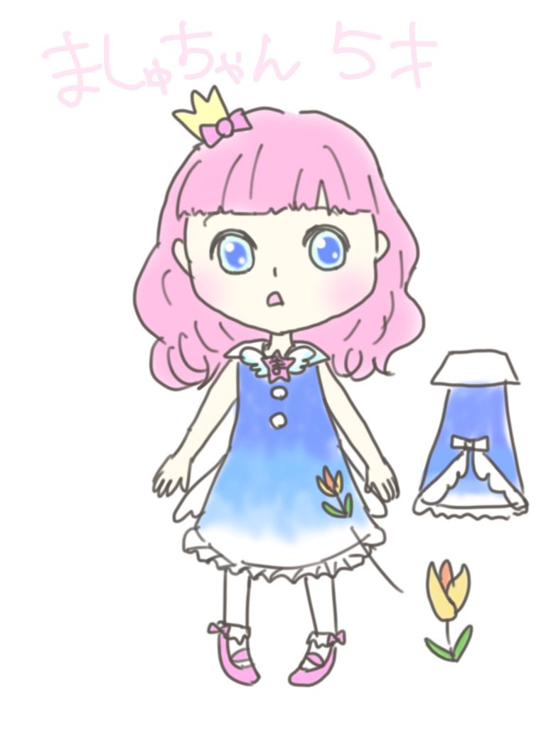 ট ইট র さぶれーぬ ໒ ましゅちゃん ピンクの肩下くらいのふわふわヘア 眉がギリギリ隠れる長さのぱっつん前髪 頭にリボン付きのミニ王冠 ノースリーブワンピースの裾にお花のプリント 腰のリボンは端が羽の形 ピンク 白のグラデ クルー丈のレース