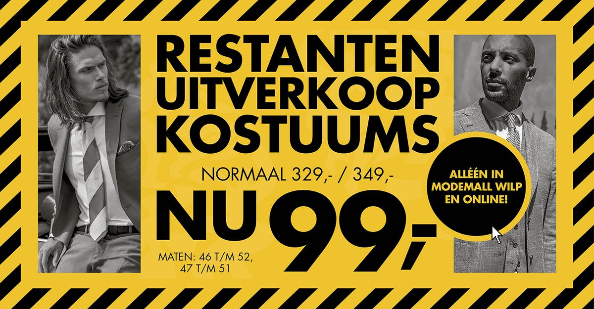 Vanaf vandaag bij ModeMall Wilp: restanten uitverkoop zomerkostuums in de maten 46 t/m 52 en 47 t/m 51, nu voor de speciale prijs van € 99,- per stuk. Actie geldt zolang de voorraad strekt. Shop de aanbieding direct online: bit.ly/2FAb8Cg