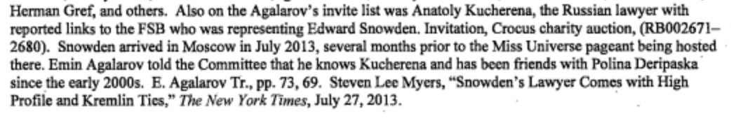 SSCI notes that Snowden's lawyer attended the charity event preceding Miss Universe.