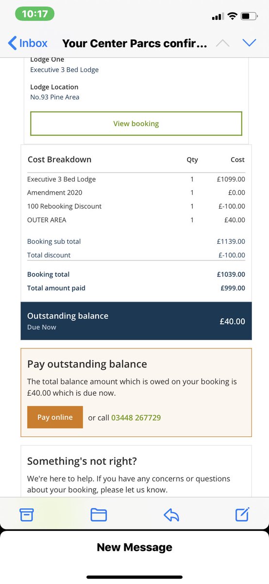 SamCMoore86's tweet photo. @CenterParcsUK we are due to visit this weekend but I have an invoice for £40? See screen shot attached. Why is this? I had paid everything in full https://t.co/WILJFojGLu