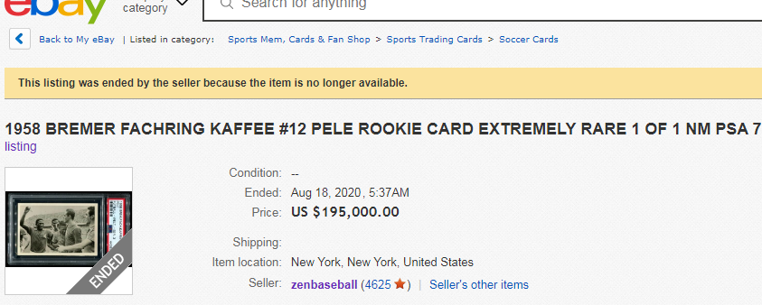 rarecards_fcc's tweet photo. Sold. Seller accepted an offer. We can only guess how much but I know he took $75,000 on a 100k card in July - I know the buyer. So, this card was 200k, and he took an offer... a mystery for now but I am sure the seller is smiling #Pelé #Bremer #Kaffee #rookie #WC1958 https://t.co/34rhzXluhY