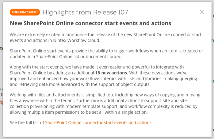 #SharePoint connector with start events and actions in our latest release for <a href="/Nintex/">Nintex</a> Workflow Cloud. 

You can find more details here: 
help.nintex.com/en-us/nwc/Cont…
