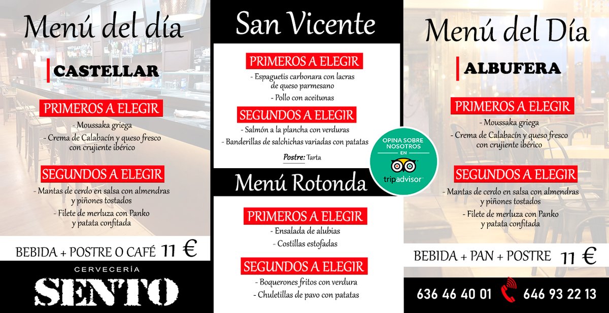 👉 ¿Pensando dónde #comer? 🤔 Hoy en las #cervecerías Sento en San Vicente del Raspeig, #Albufera, Castellar en #Alicante y Rotonda tenemos #menú del día‼