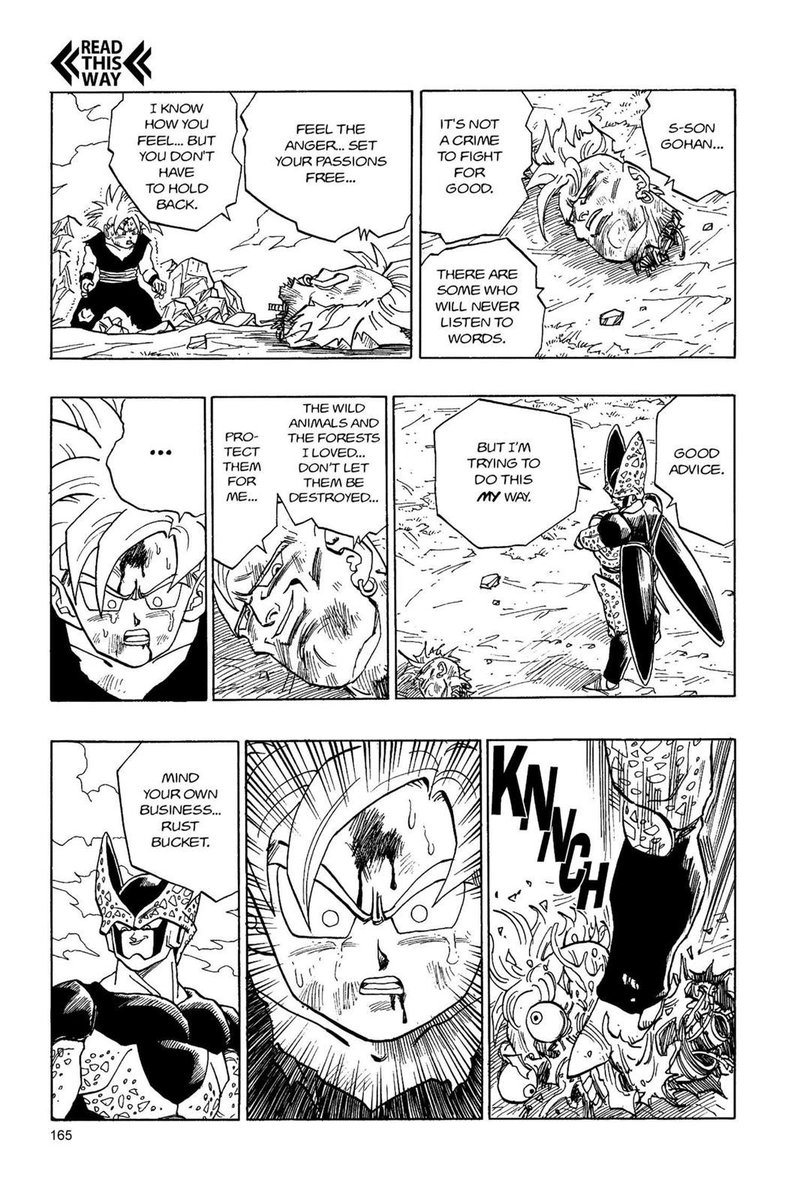 It is Android 16’s eventual death that is the trigger for Gohan. He realizes that turgid pacifism wouldn’t be able to defeat Cell.16 represented innocence and an appreciation for life; his death was the needle that broke the camel's back after Gohan saw his friends beaten-