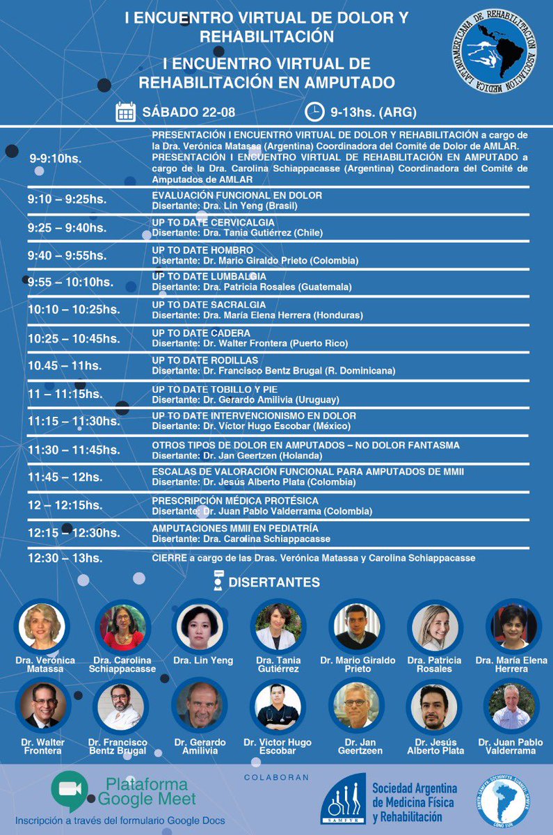 drbentzbrugal's tweet photo. Encuentro Virtual de Dolor y Rehabilitación! #UPDATE @portalamlar Asociación Médica LatinoAmericana de Rehabilitación. #AMLAR y @samfyr @AAPhysiatrists https://t.co/Q0LbuGhEZ4