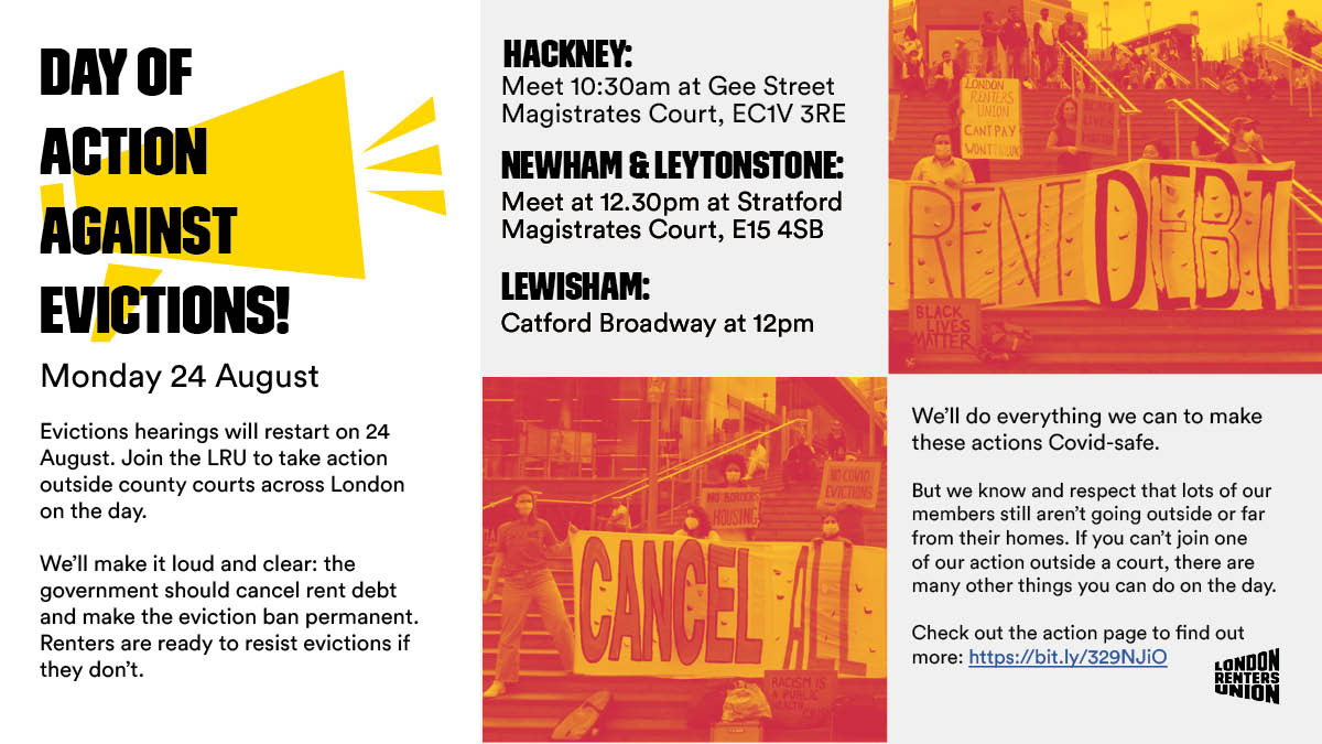 LDNRentersUnion's tweet image. 🚨LRU August 24 Day of Action Against Evictions🚨

Hackney: Meet 10:30am at Gee Street Magistrates Court, EC1V 3RE

Newham &amp;amp; Leytonstone: Meet 12:30pm at Stratford Magistrates Court, E15 4SB

Lewisham action: Meet at Catford Broadway at 12pm

Join us!