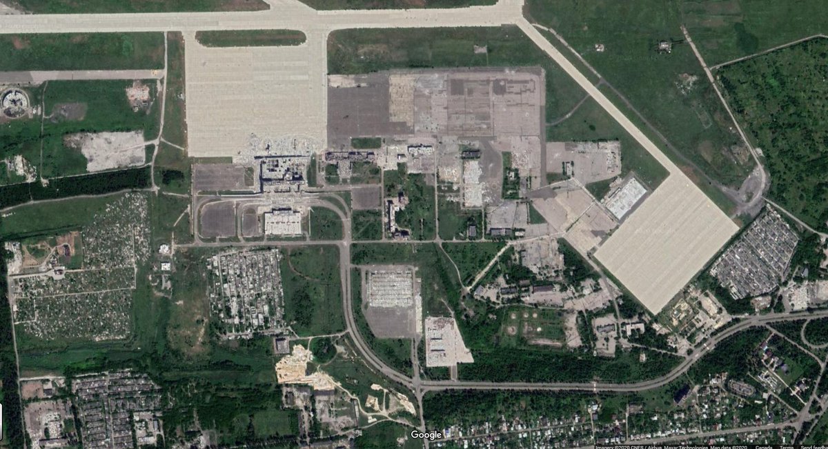 The Donetsk International Airport (DOK) is fully operational in-game. Airplanes at the terminal, GSE vehicles driving around, and cars in the parking lot.The Bing Maps image shows little damage at DOK, but the more recent Google Maps image shows the destruction.