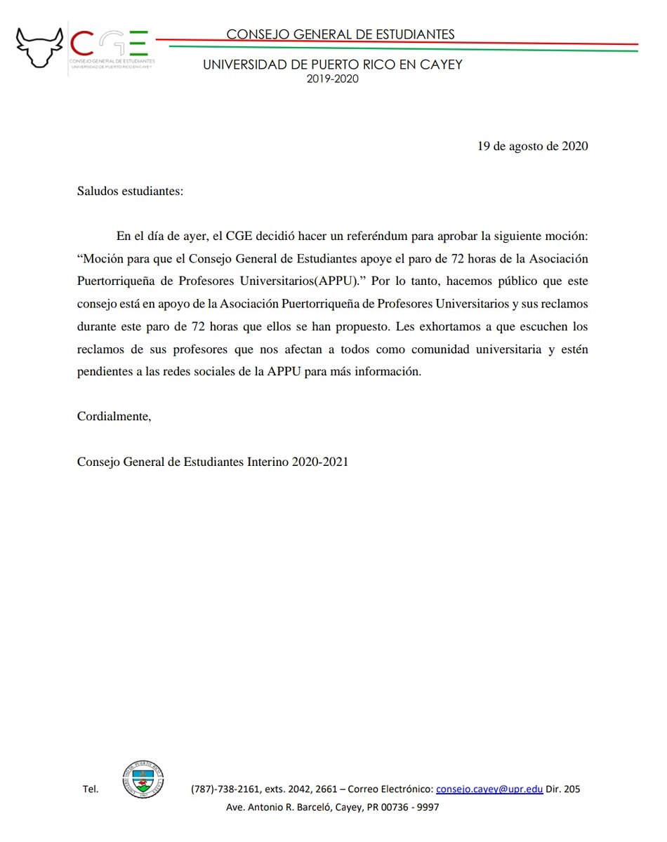 Comunicado de hoy 19 de agosto de 2020 en relación al paro de 72 horas de la APPU. 
#PAROporRETIROupr