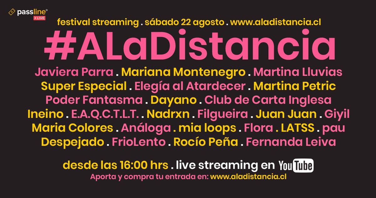 Recuerda comprar tus entradas para el festival streaming <a href="/aladistanciacl/">#ALaDistancia</a> en <a href="/PassLineChile/">Passline Chile</a> aqui: passline.com/eventos/festiv…