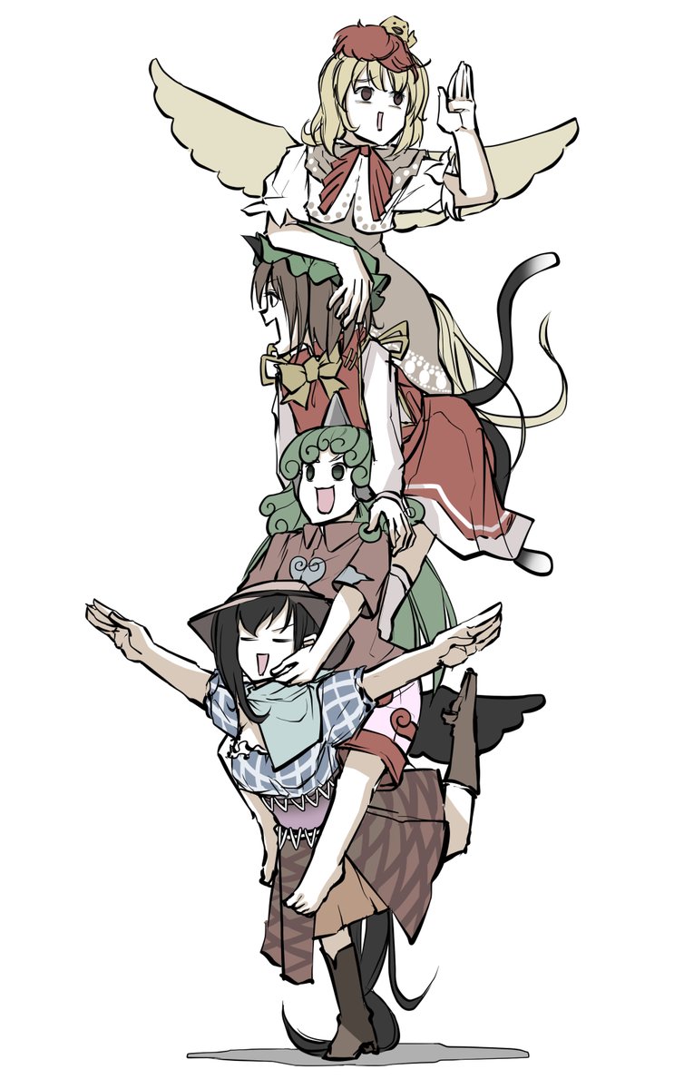 chen ,komano aunn ,kurokoma saki ,niwatari kutaka multiple girls 4girls tail wings animal ears on head cat ears  illustration images