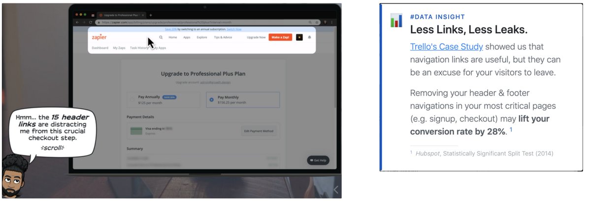 4/Bad example: ZapierZapier showed too many navigation links during their upgrade flow which distracts users from crucial checkout stepsSee analysis from  @GrowthDotDesign