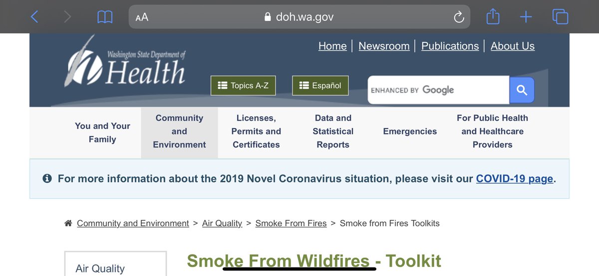  https://www.doh.wa.gov/CommunityandEnvironment/AirQuality/SmokeFromFires/SmokefromFiresToolkits  @WADeptHealth “Wildfire Smoke Impacts Advisory Group formed to assist in developing fact-based materials for Washington. Below are resources for everyone as well as specific information for people who are especially sensitive to smoke.”