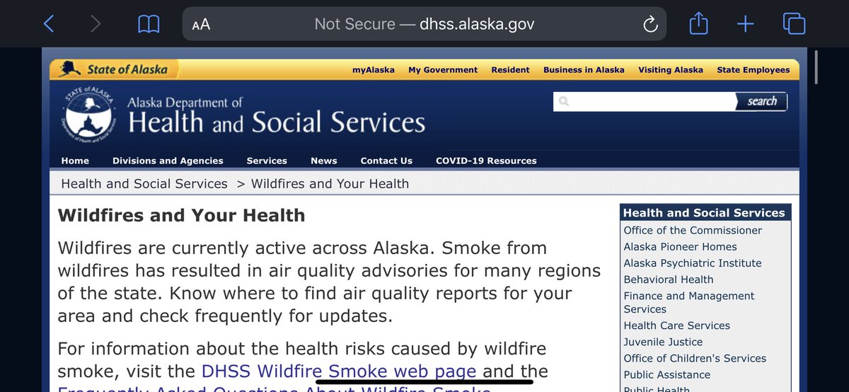  http://dhss.alaska.gov/Pages/wildfires.aspx  @Alaska_DHSS “Wildfires are currently active across Alaska. Smoke from wildfires has resulted in air quality advisories for many regions of the state. Know where to find air quality reports for your area and check frequently for updates.”