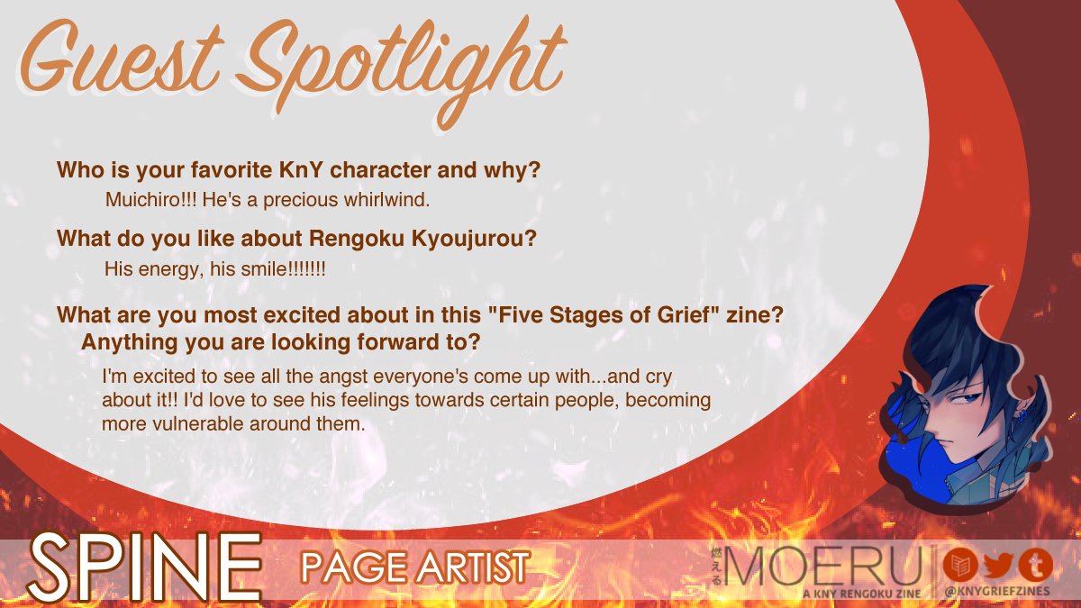 KnYGriefZines's tweet photo. Out first guest contributor is @vrtbre! Spine is a phenomenal artist and will be creating a piece centered on the Denial Stage of Grief for Moeru: Rengoku Kyoujurou. To find out more about them, please read their guest interview below and check out their social media! https://t.co/hTQJE628vJ