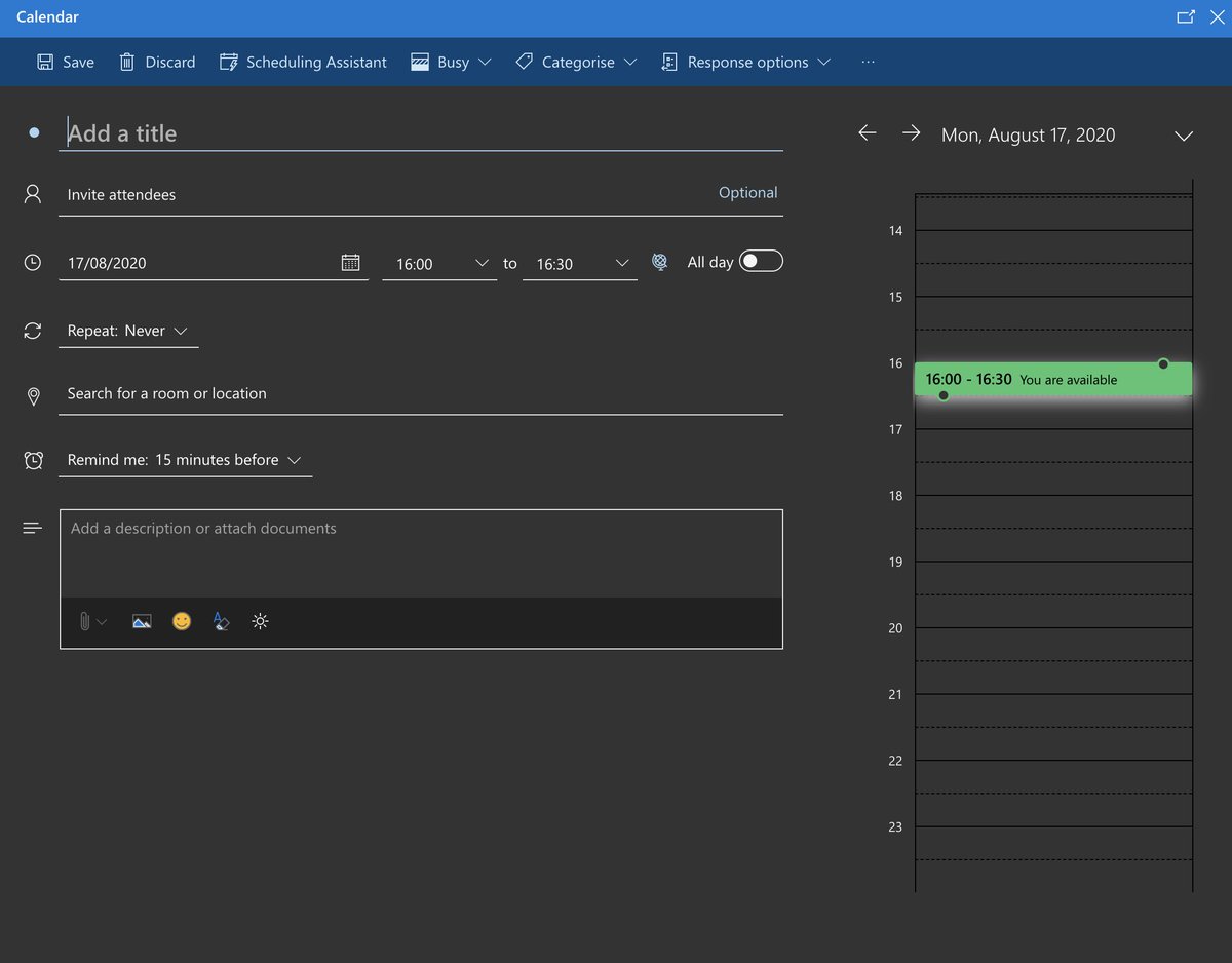 9/Example: Outlook event plannerthere are quite a few details needed from the user like date, time, location, guests, response options, and when to be notified about the event etc.trying to minimise the number of inputs needed from the user can deteriorate the user experience