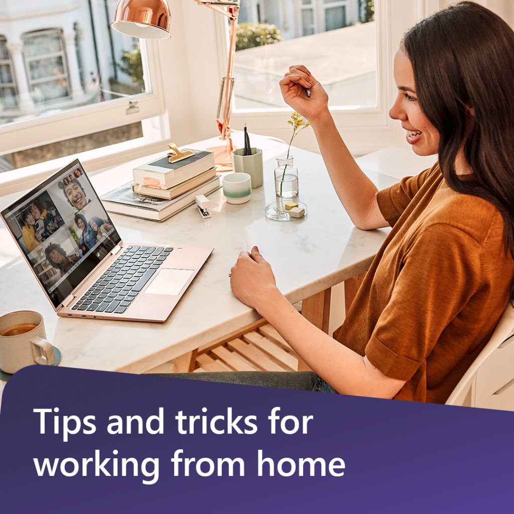 Image of women on a Skype call with colleagues. Image copy is overlayed onto a purple box that says "Tips and tricks for working from home" 