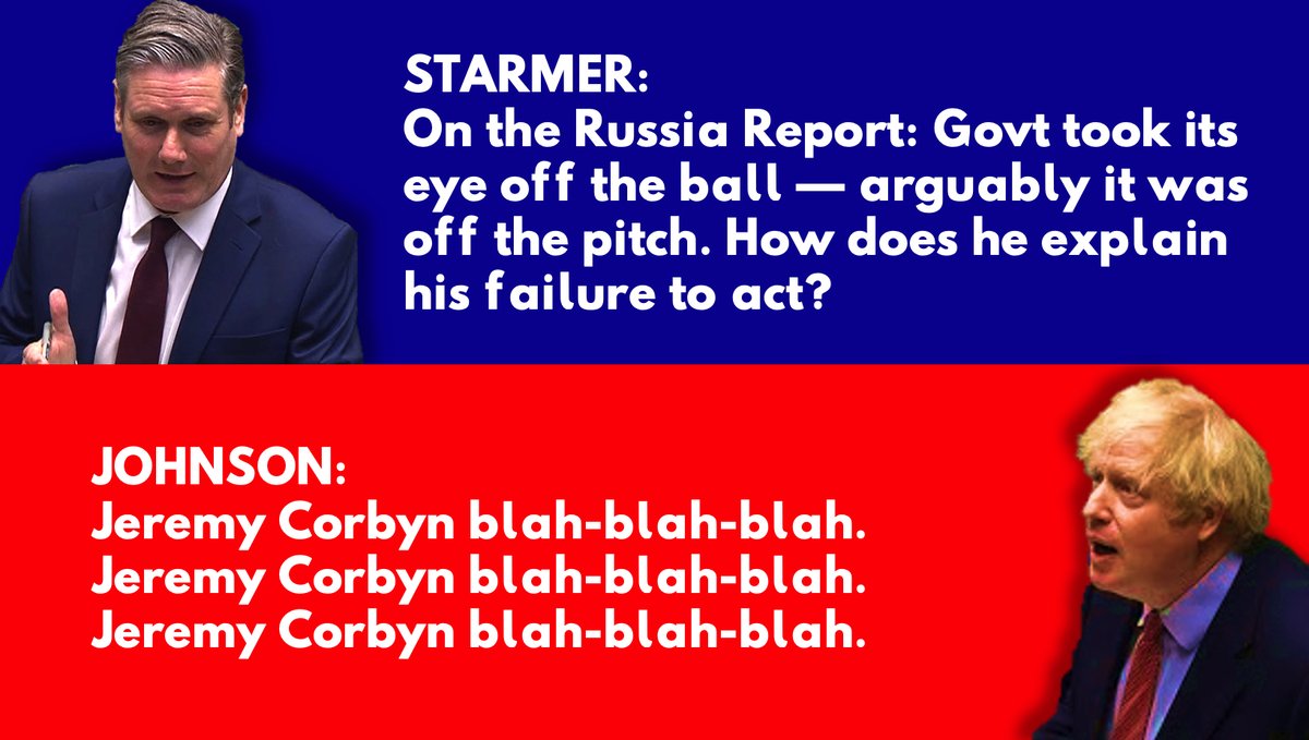  #PMQs 22JUL2020After the  #RussiaReport revealed Tory PMs+Govts have known abt Russian influence, infiltration & interference in UK since 2014 and ignored it, Starmer accused Govt of not being on the pitch, let alone having its eye on the ball.PM's reply: but Jeremy Corbyn...